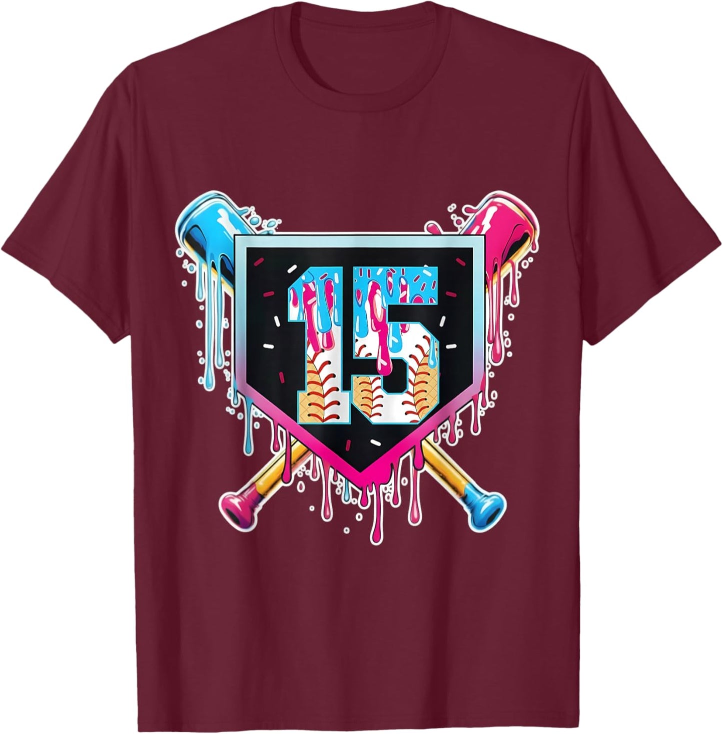 Baseball 15 Year Old Boy Ice Cream Drip 15th Birthday Player T-Shirt - T-Shirt | Maroon
