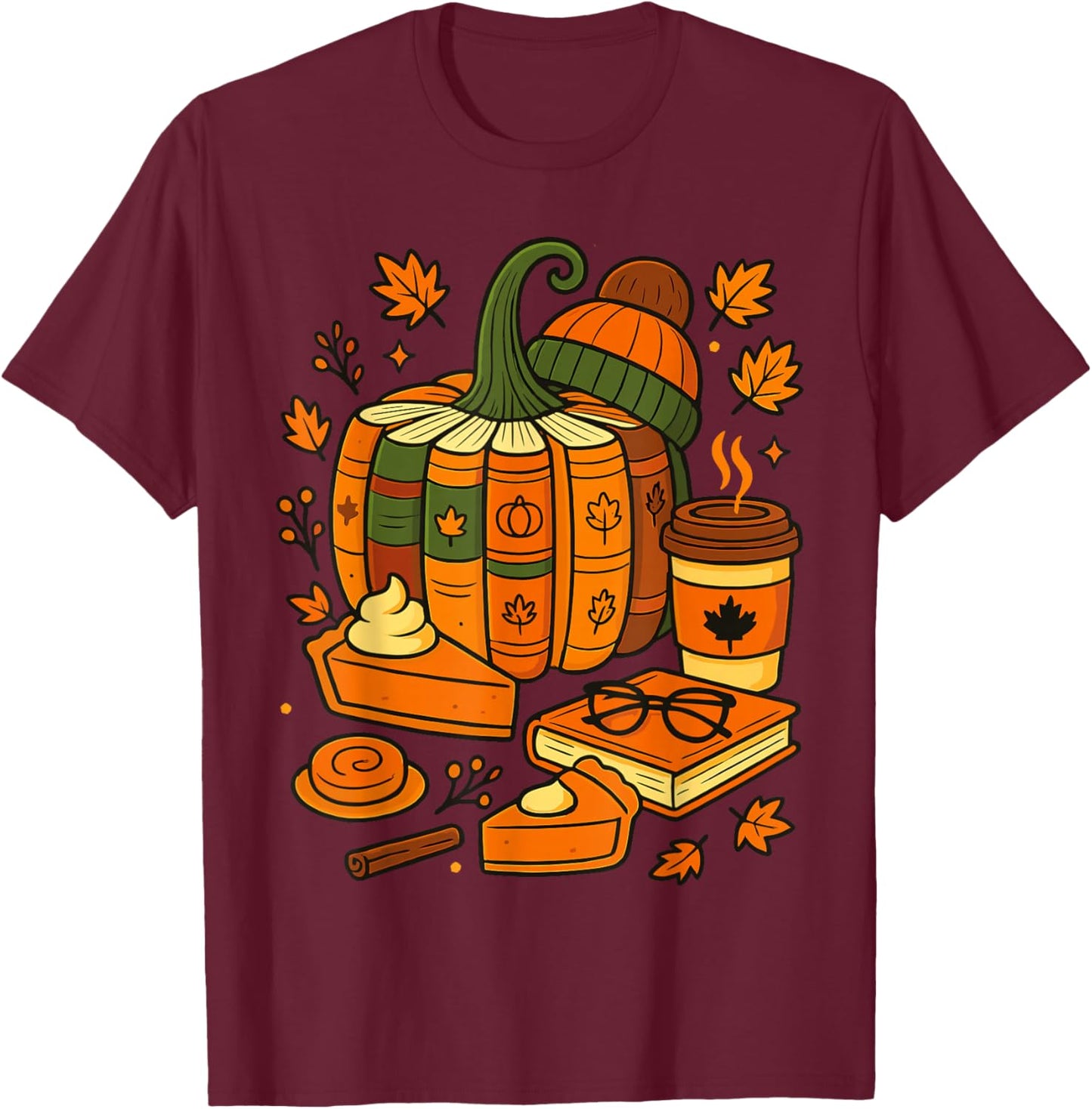 Retro Fall Pumpkin Books Autumn Reading Halloween Teacher T-Shirt - T-Shirt | Maroon