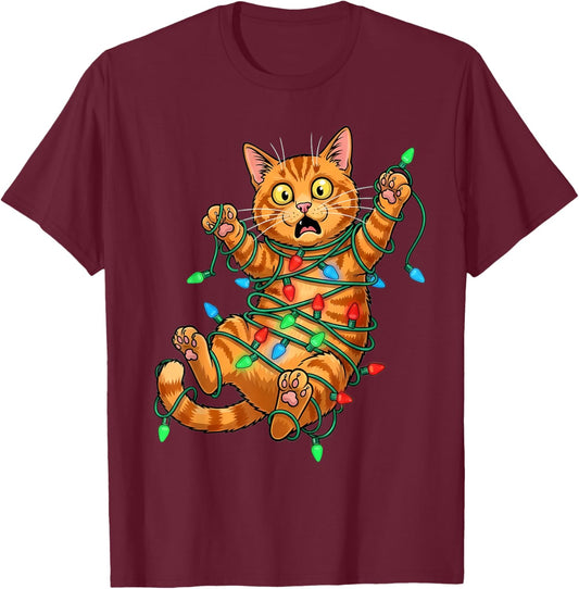 Funny Orange Cat Christmas Light Catmus T-Shirt - T-Shirt | Maroon
