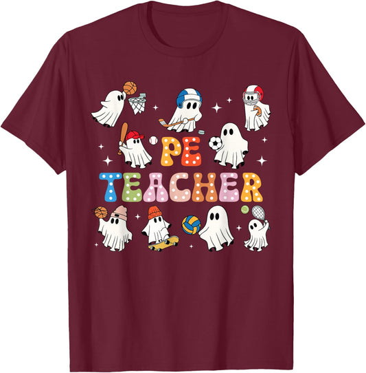 Halloween PE Teacher Ghost Playing Sports Physical Education T-Shirt - T-Shirt | Maroon
