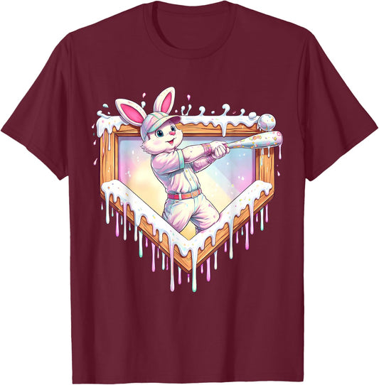 Kids Happy Easter Bunny Playing Baseball Boy Ice Cream Drip T-Shirt - T-Shirt | Maroon
