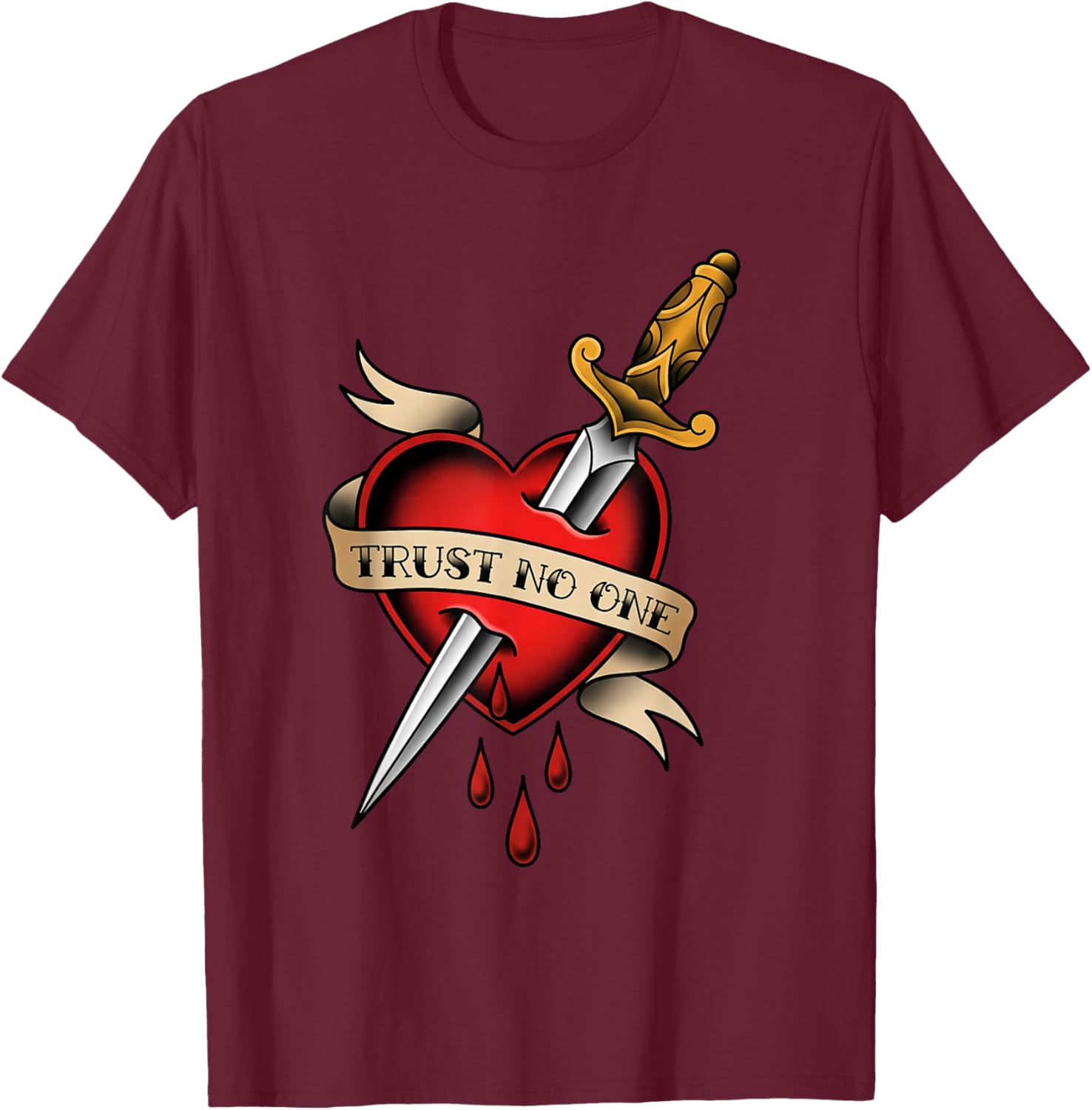 Trust No One Dagger Through Heart Tattoo T-Shirt - T-Shirt | Maroon