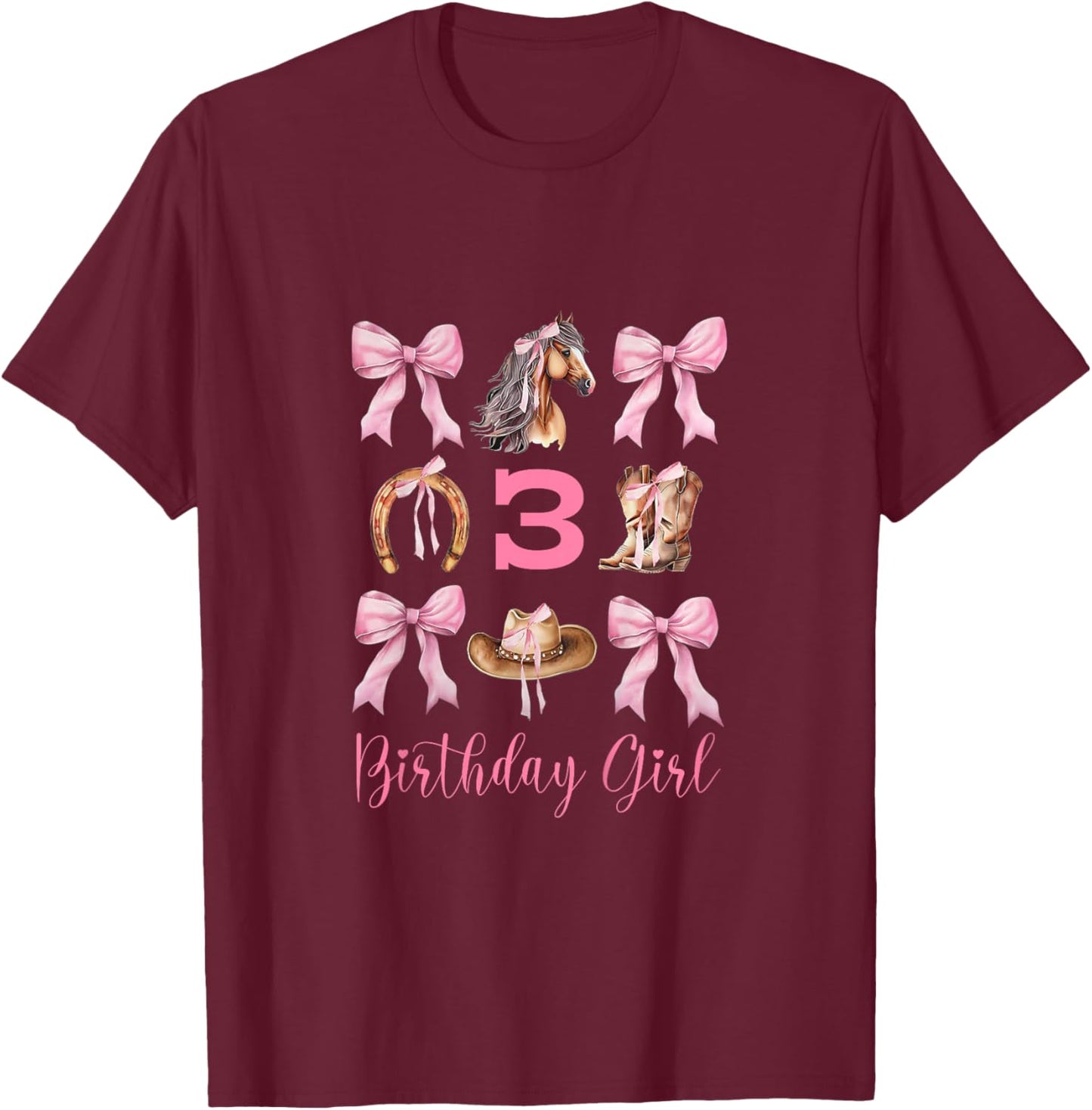 3rd Birthday Western Pink Cowgirl Horse Coquette Bow Girl T-Shirt - T-Shirt | Maroon