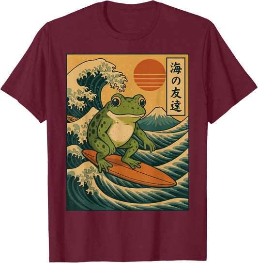 Frog Surfing Japanese T-Shirt - T-Shirt | Maroon