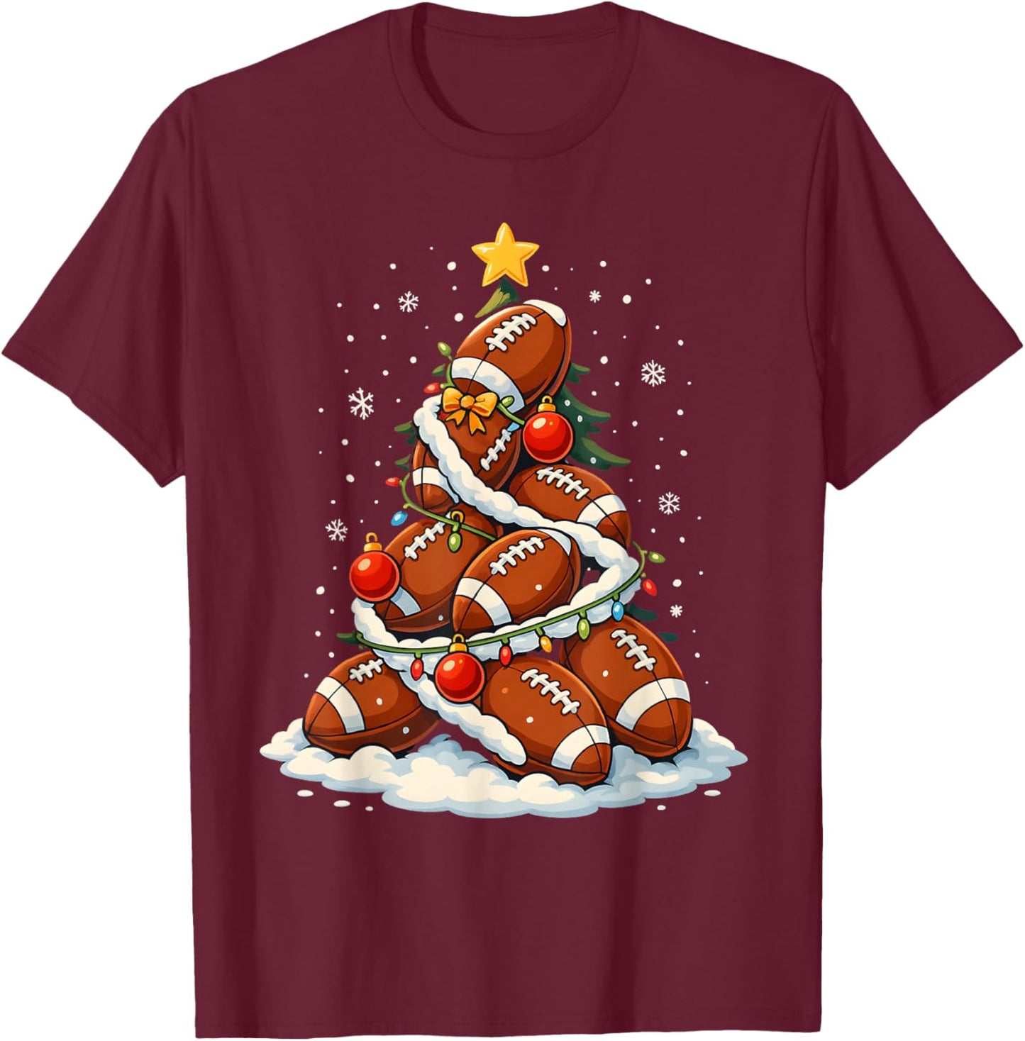 Football Christmas Tree Lights Santa Sport Player Lover Xmas T-Shirt - T-Shirt | Maroon