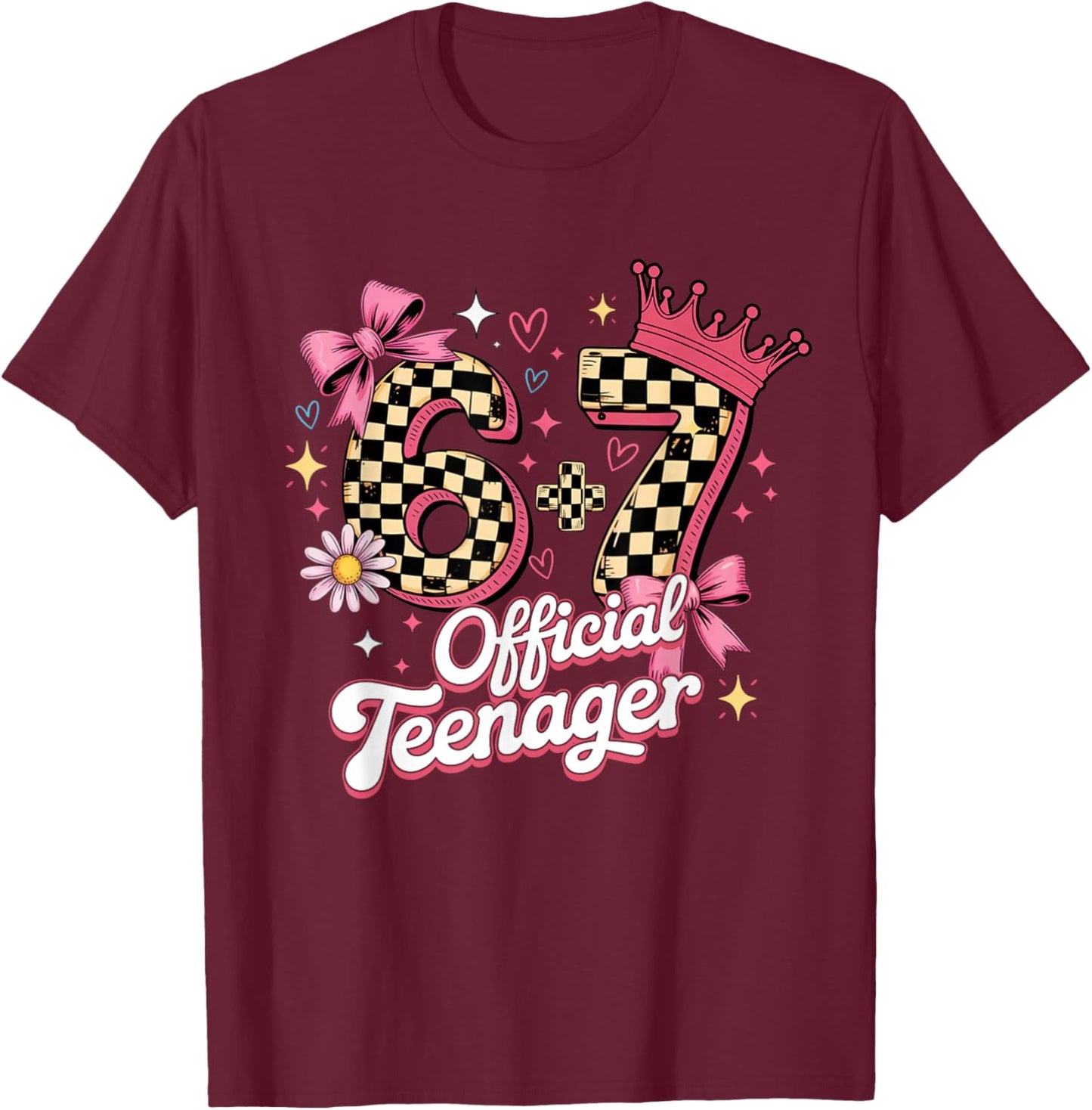 Pink Checkered 13th Birthday 6+7 13 Official Teenager Girls T-Shirt - T-Shirt | Maroon