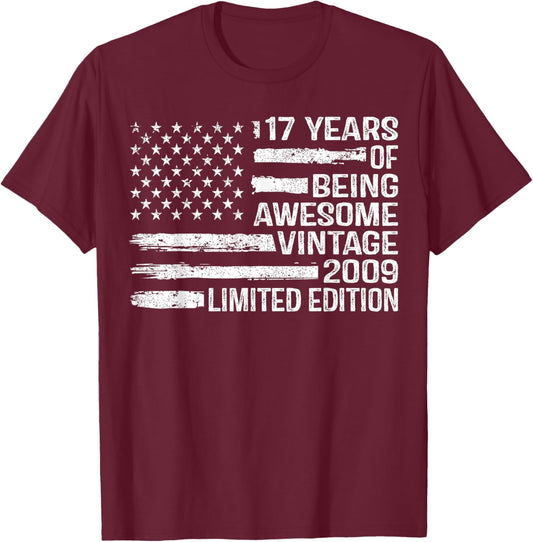 17 Years Old Birthday Vintage American Flag 17th Birthday T-Shirt - T-Shirt | Maroon