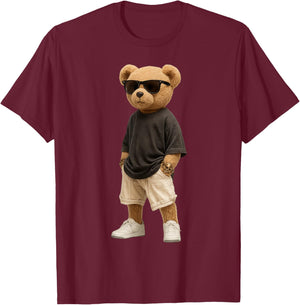 Streetwear Graphic Colorful Hip Hop Teddy Bear Cool Rapper T-Shirt - T-Shirt | Maroon