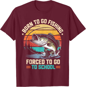 Retro Born to Go Fishing Forced to Go to School Bass Fish T-Shirt - T-Shirt | Maroon