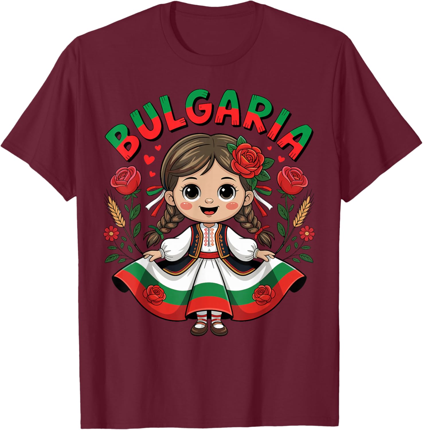 Cute Bulgarian Girl in Traditional Folk Dress for Kids T-Shirt - T-Shirt | Maroon