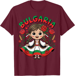 Cute Bulgarian Girl in Traditional Folk Dress for Kids T-Shirt - T-Shirt | Maroon
