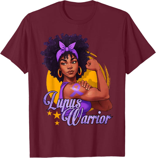 Lupus Warrior Afro Black Woman Wear Purple Ribbon Awareness T-Shirt - T-Shirt | Maroon