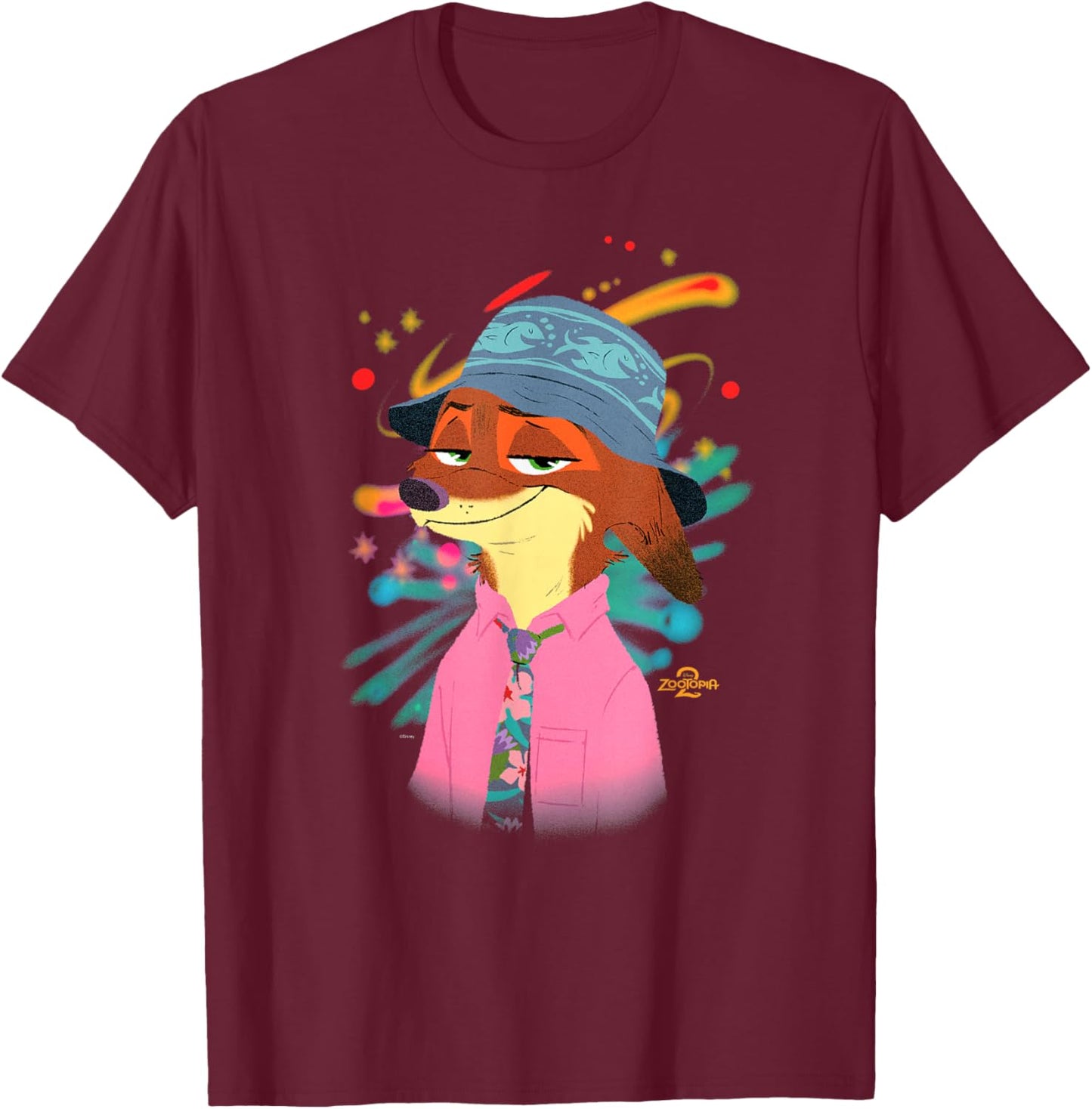 Disney Zootopia 2 Nick Wilde in Hawaiian Attire T-Shirt - T-Shirt | Maroon