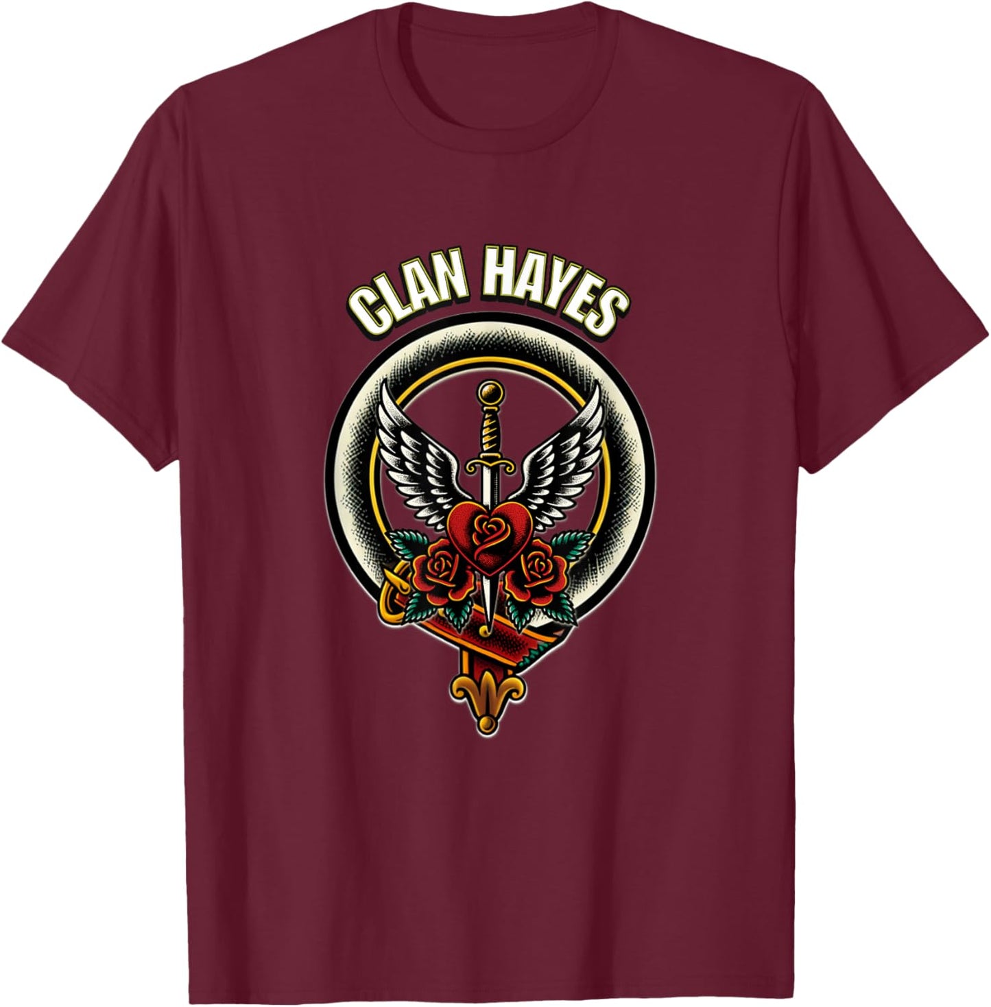 Clan Hayes Sword Heart Tattoo Style Design T-Shirt - T-Shirt | Maroon