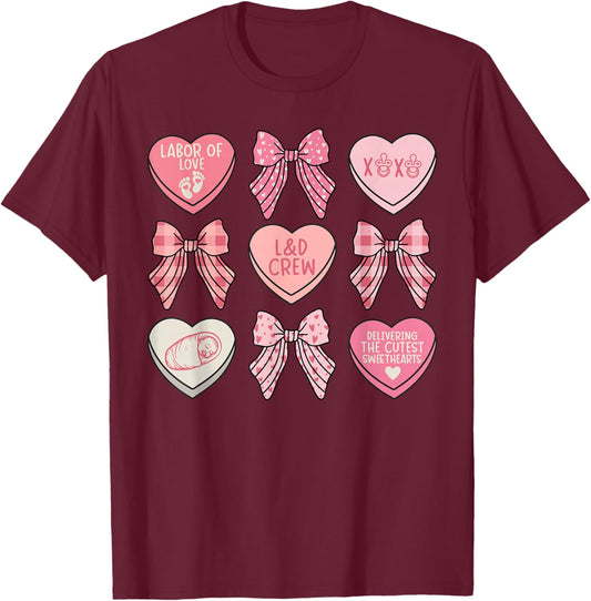 Labor and Delivery Nurse Valentine Hearts Coquette L&D Nurse T-Shirt - T-Shirt | Maroon