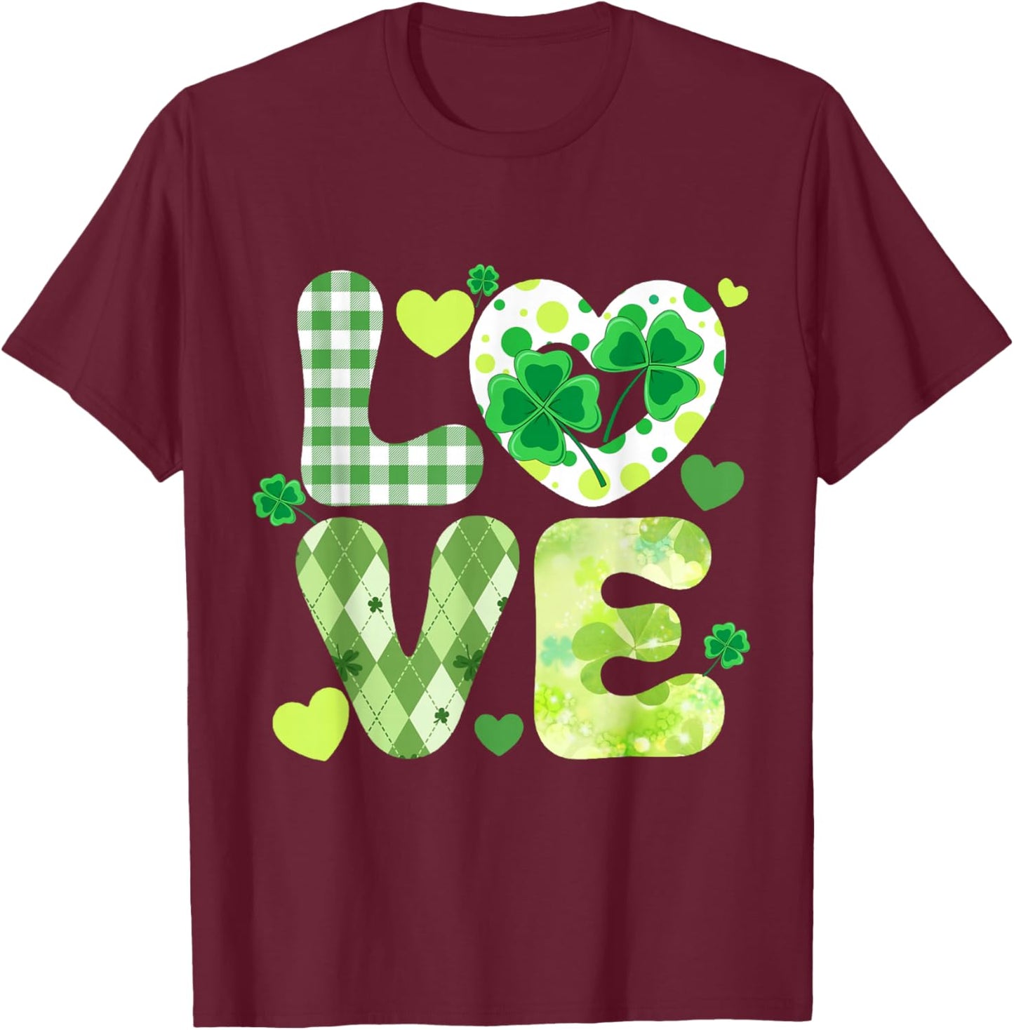 Love St Patrick Day Shamrock Clover Lucky Irish Girls Women T-Shirt - T-Shirt | Maroon