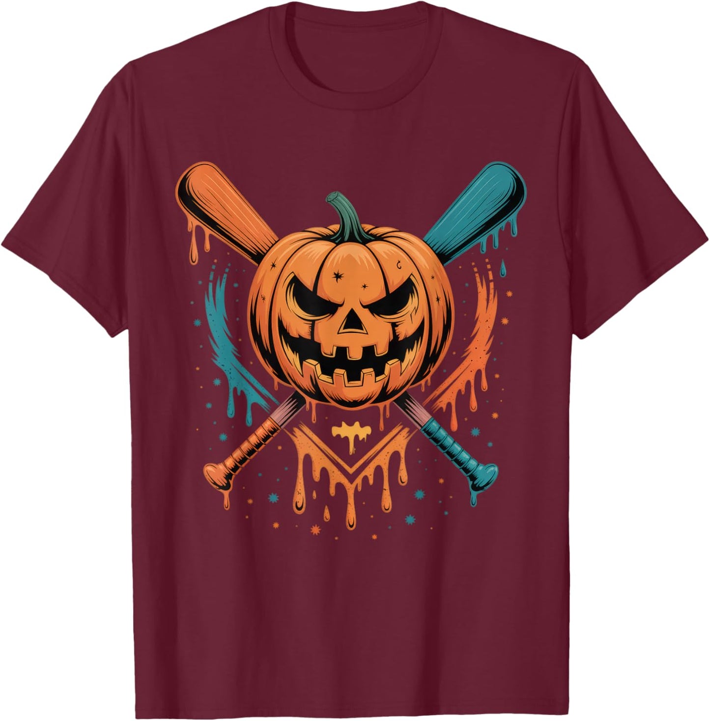 Pumpkin Halloween Baseball Ice Cream Drip Spooky Boys Youth T-Shirt - T-Shirt | Maroon