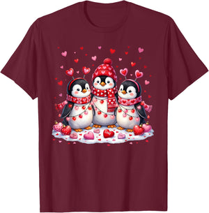 Cute Penguins Family Love Hearts Valentines Day T-Shirt - T-Shirt | Maroon