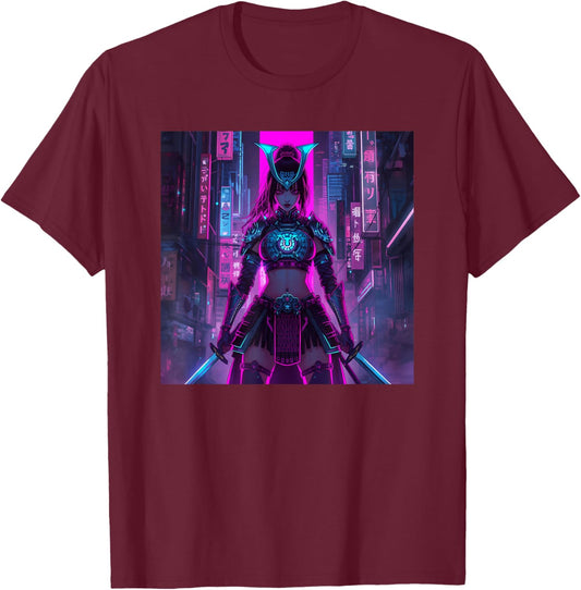 Cyberpunk Neons Samurai Japanese Art Wowen T-Shirt - T-Shirt | Maroon