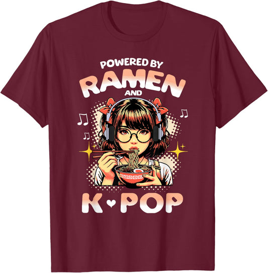 Powered by Ramen and K Pop Funny Anime Korean Music Manga T-Shirt - T-Shirt | Maroon
