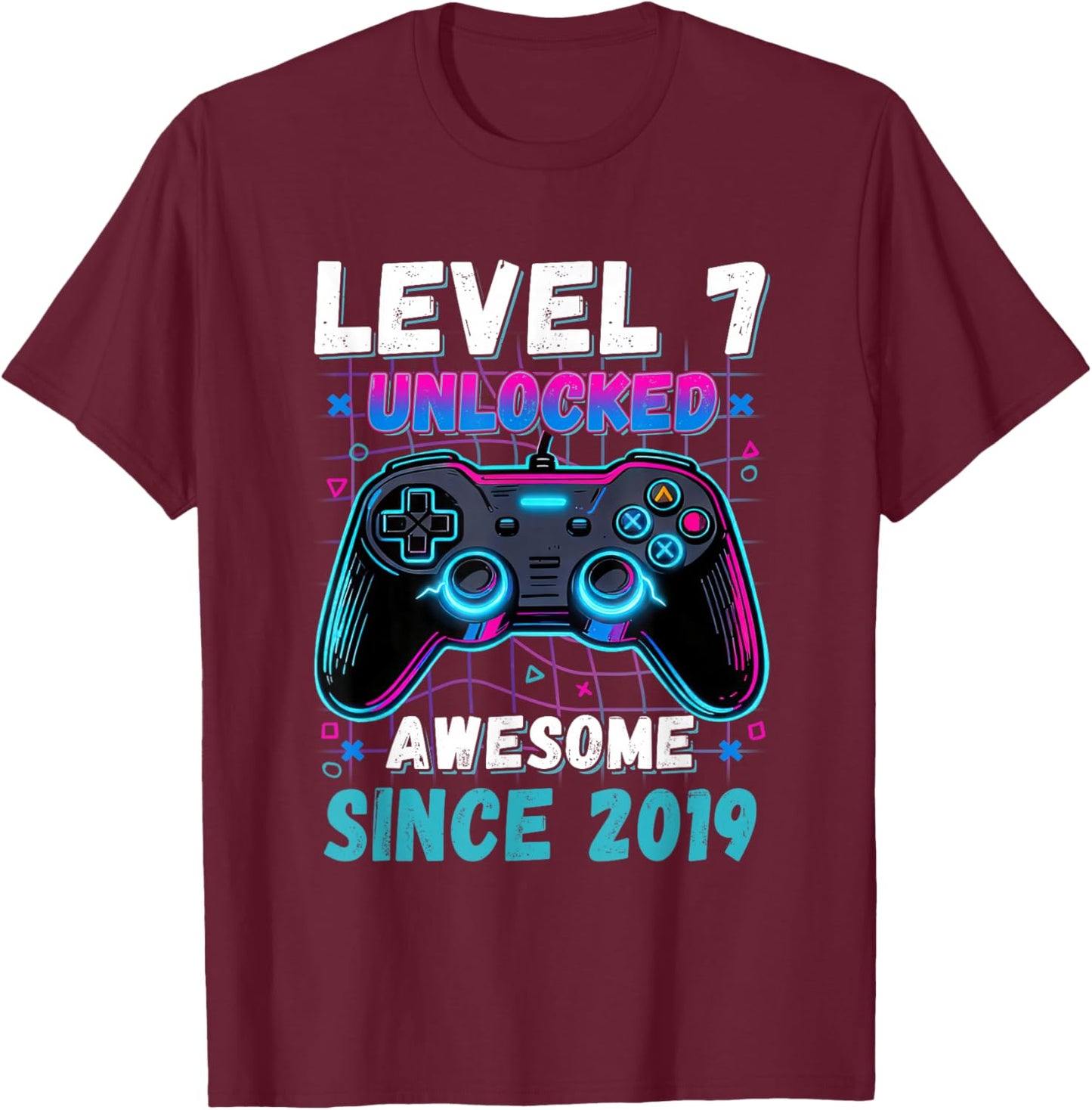 Level 7 Unlocked Awesome Since 2019 Seven 7th Birthday Boys T-Shirt - T-Shirt | Maroon