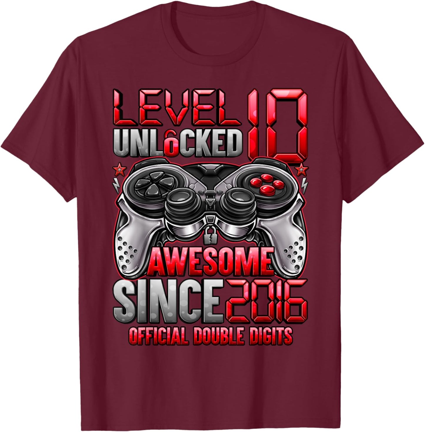 Official Double Digits Level 10 Unlocked 10th Birthday Boy T-Shirt - T-Shirt | Maroon