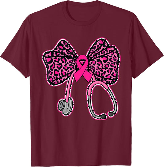 Leopard Coquette Bow Pink Stethoscope Nurse Breast Cancer T-Shirt - T-Shirt | Maroon