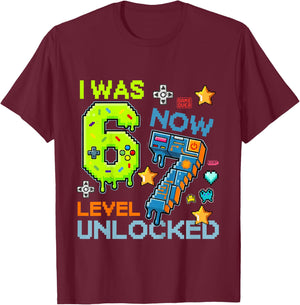 I was 6 Now Level 7 Unlocked 7th Birthday Gamer 67 Meme T-Shirt - T-Shirt | Maroon