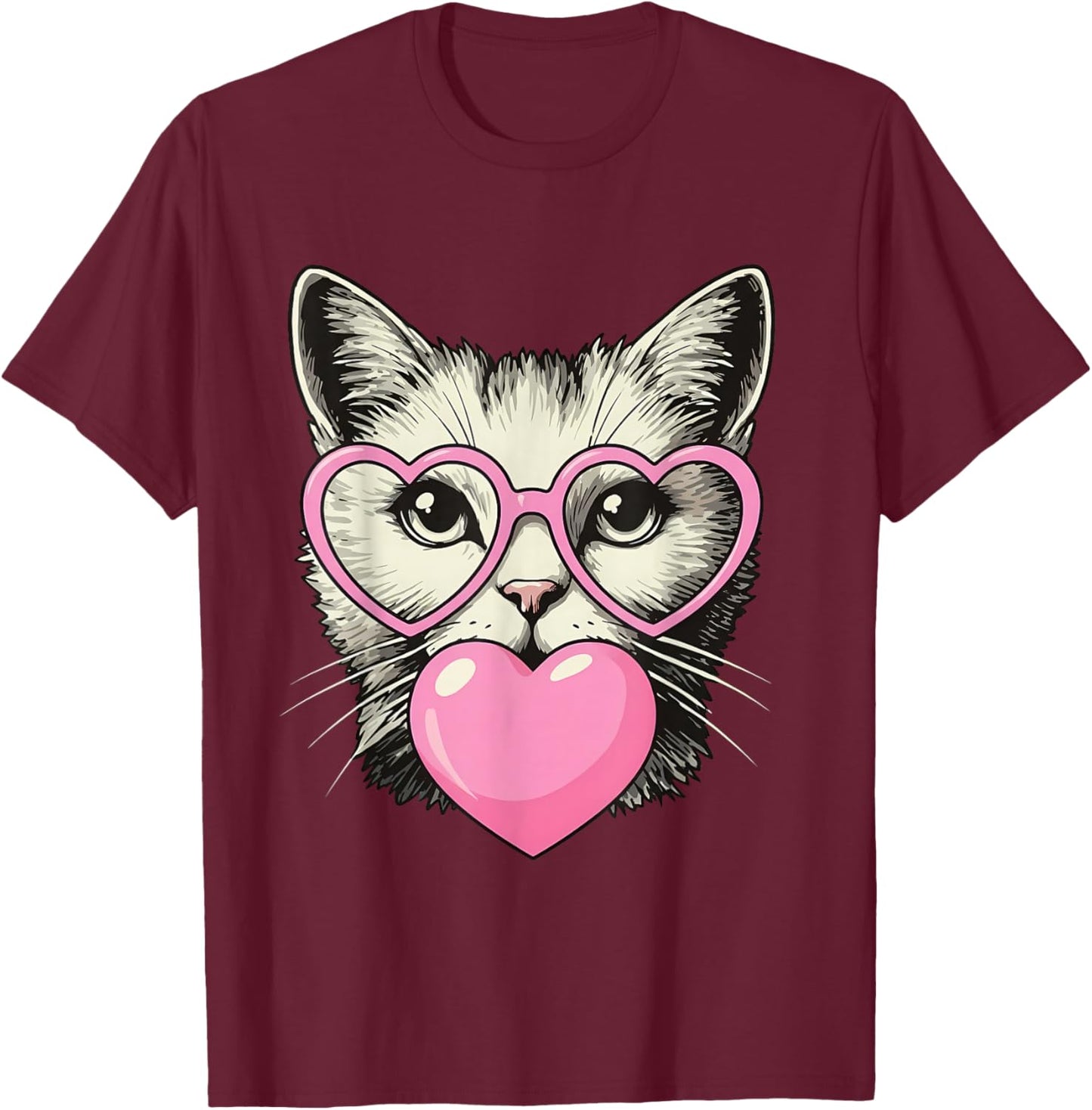 Cute Cat Blowing Pink Valentine Heart Bubble Gum T-Shirt - T-Shirt | Maroon