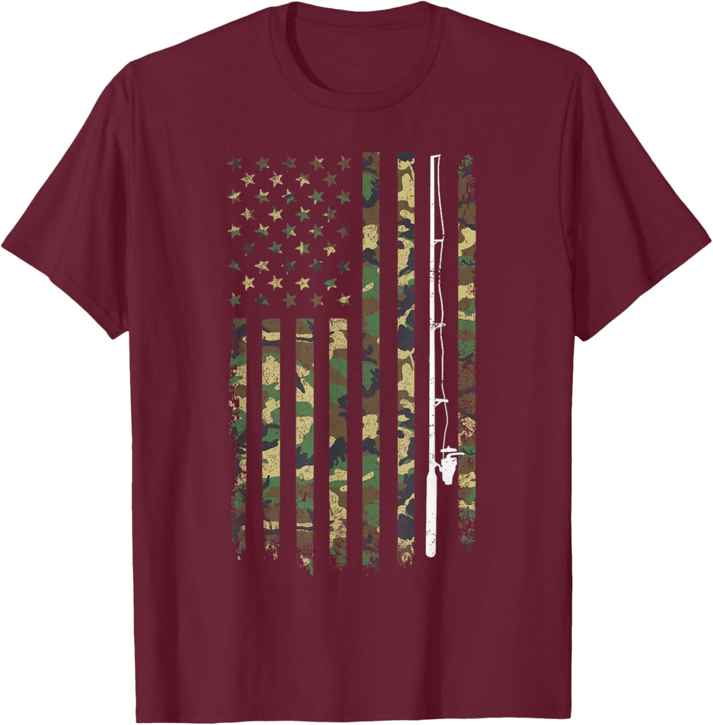 Fishing Camouflage US American Flag Bass Fish Fisherman Camo T-Shirt - T-Shirt | Maroon