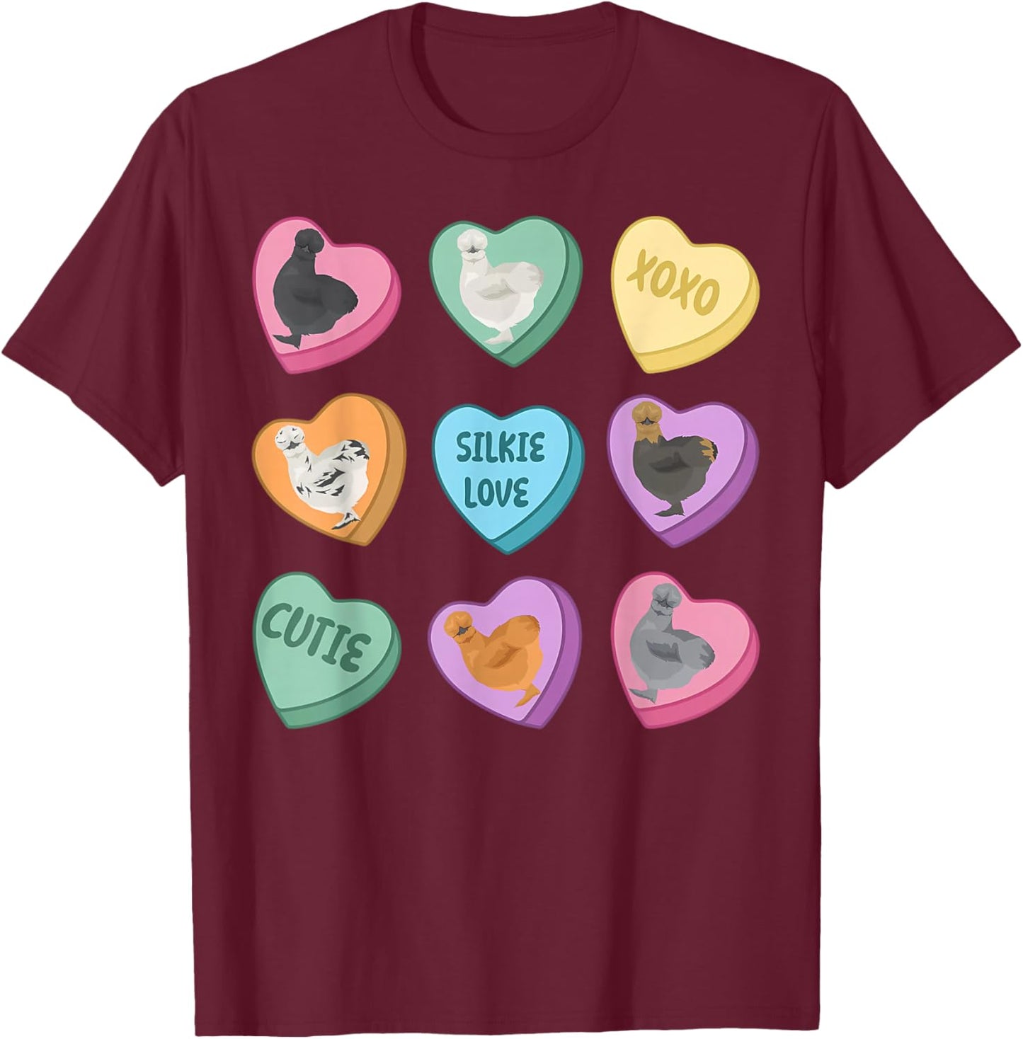 Cute Silkie Chicken Heart Candy Valentine Day Farm Animal T-Shirt - T-Shirt | Maroon