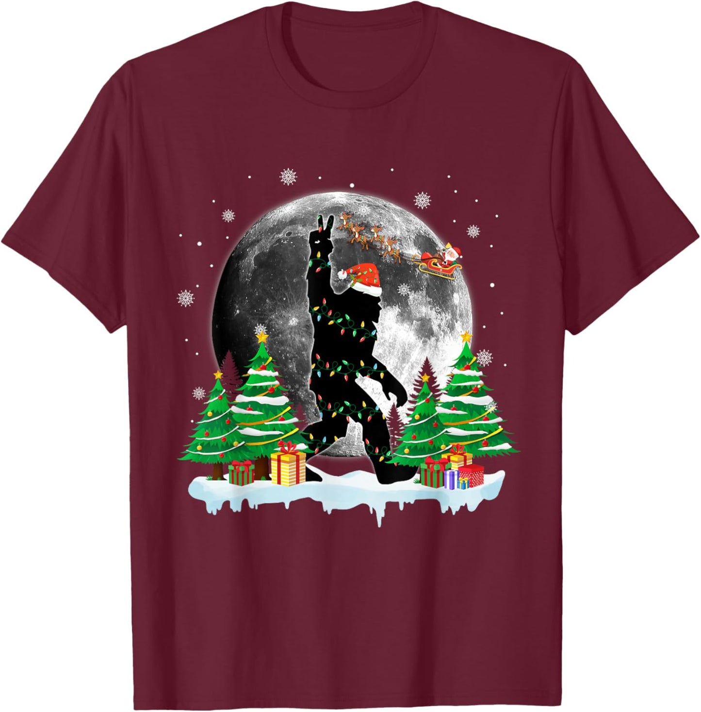 Funny Sasquatch Santa Bigfoot Christmas Tree Xmas Lights T-Shirt - T-Shirt | Maroon