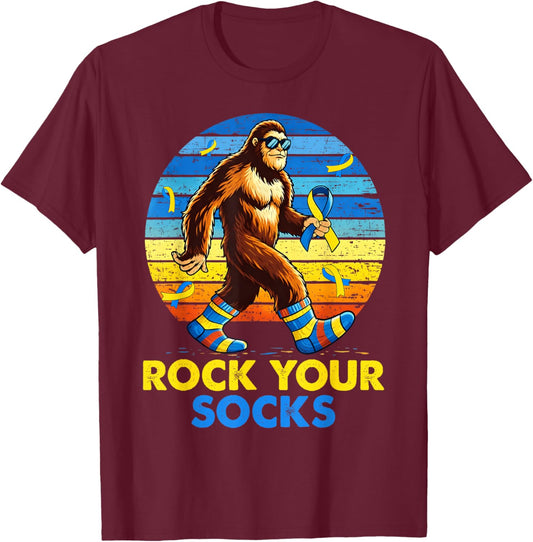 Rock Your Socks Bigfoot Down Syndrome Awareness Boy Girl T-Shirt - T-Shirt | Maroon