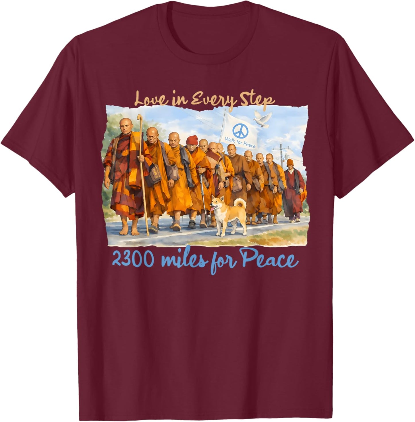 Minimalist Zen Art Walk for Peace Monks with Aloka Dog T-Shirt - T-Shirt | Maroon