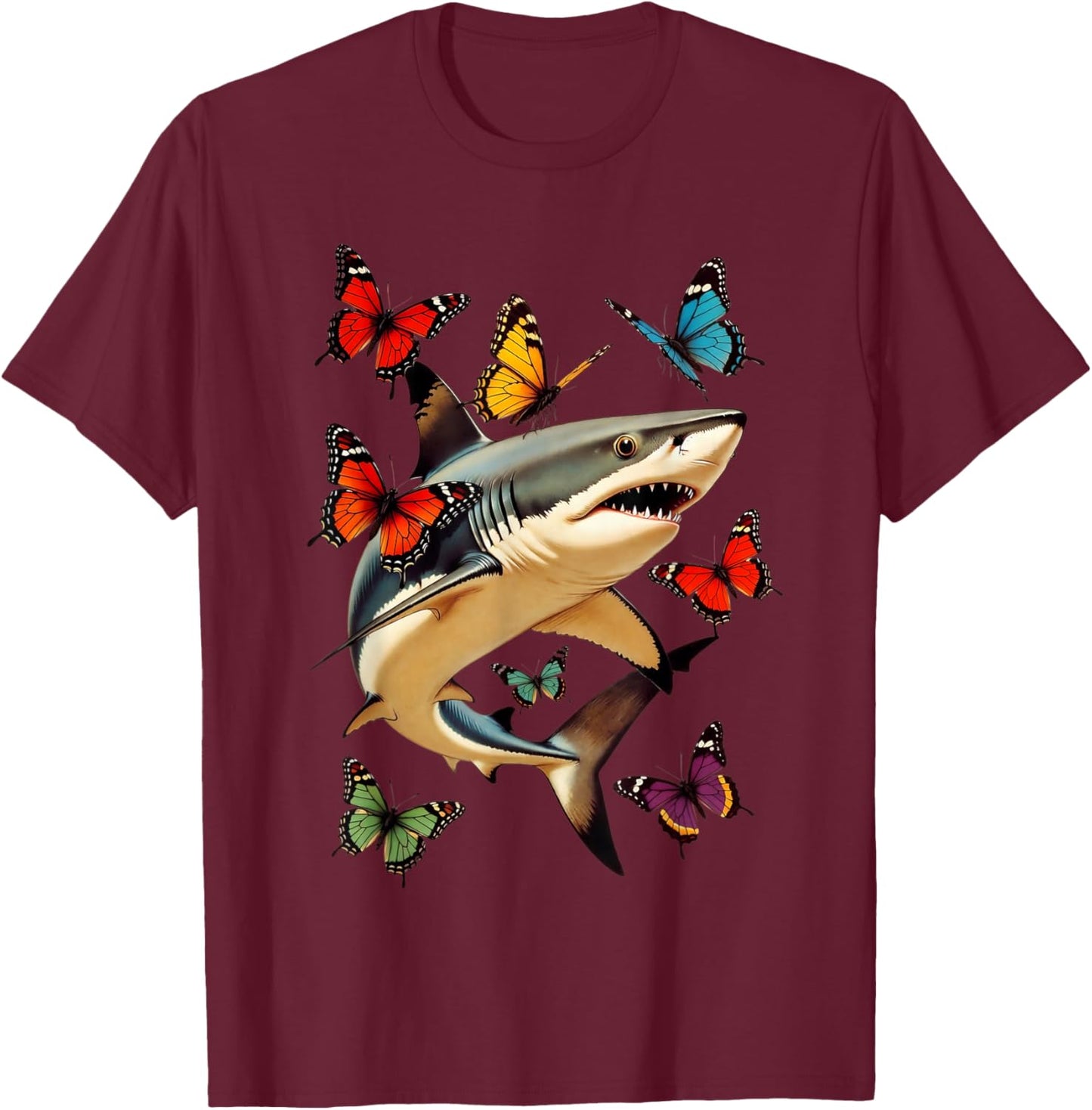Funny Shark with Butterflies Retro Graphic Ocean Lovers T-Shirt - T-Shirt | Maroon