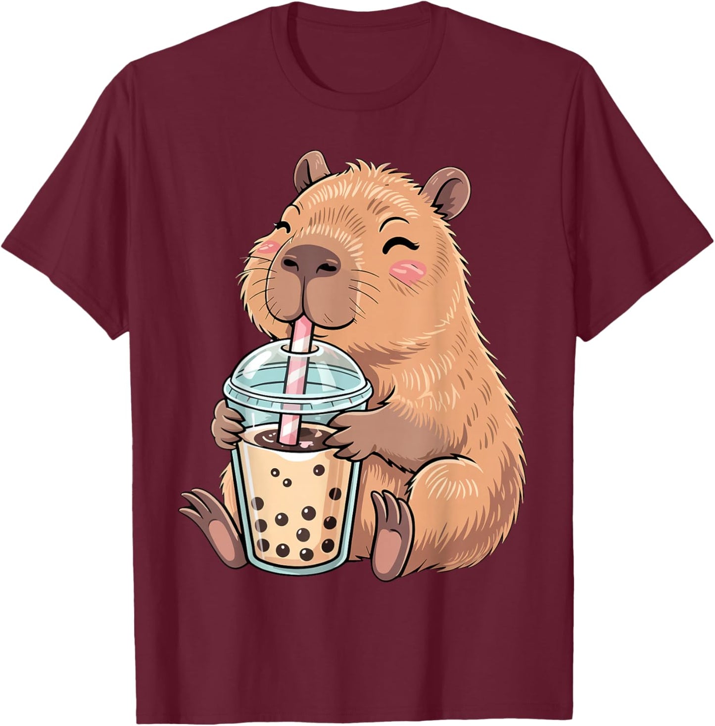 Cute Capybara Kawaii with Boba Bubble Tea T-Shirt - T-Shirt | Maroon