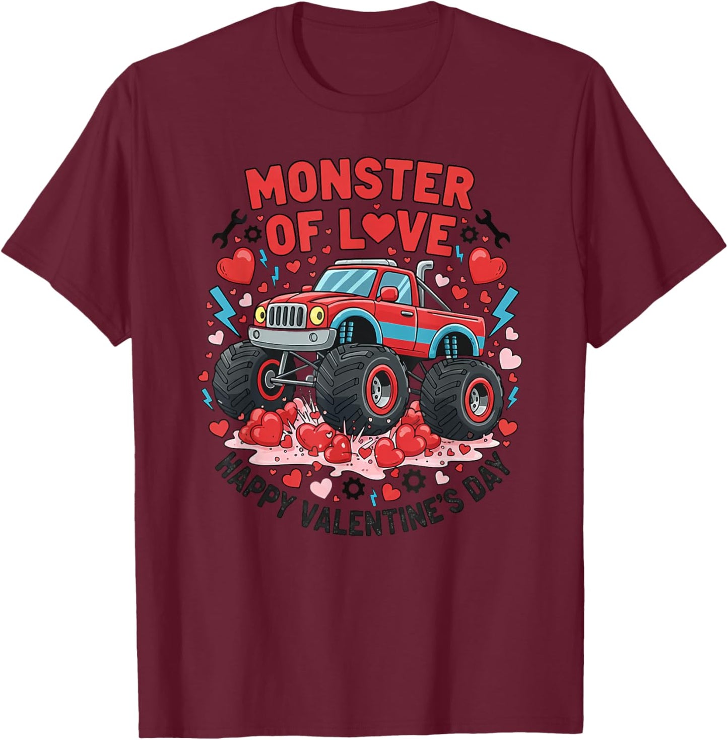 Monster of Love Boys Girls Valentines Day Monster Truck T-Shirt - T-Shirt | Maroon