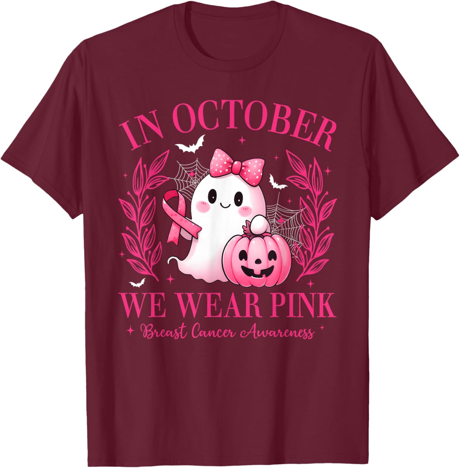 in October We Wear Pink Breast Cancer Awareness Pink Ghost T-Shirt - T-Shirt | Maroon