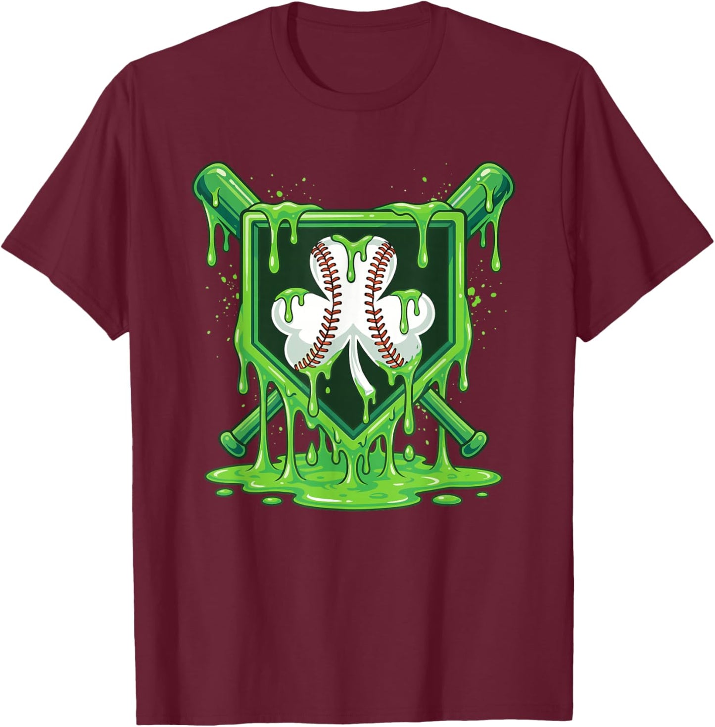 St Patrick Day Baseball Drip Ice Cream Baseball Shamrock Men T-Shirt - T-Shirt | Maroon