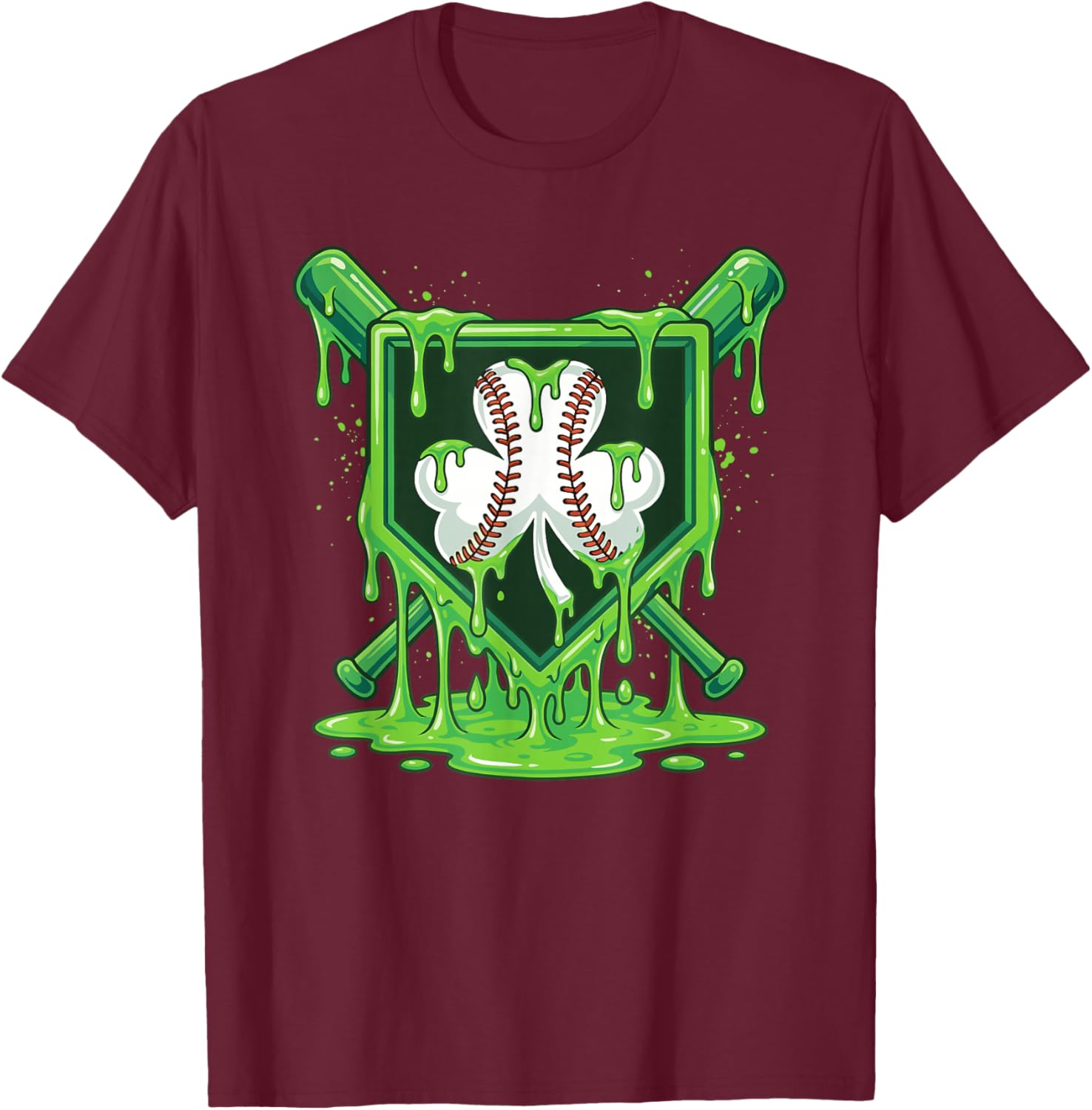 St Patrick Day Baseball Drip Ice Cream Baseball Shamrock Men T-Shirt - T-Shirt | Maroon