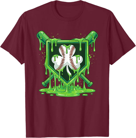 St Patrick Day Baseball Drip Ice Cream Baseball Shamrock Men T-Shirt - T-Shirt | Maroon
