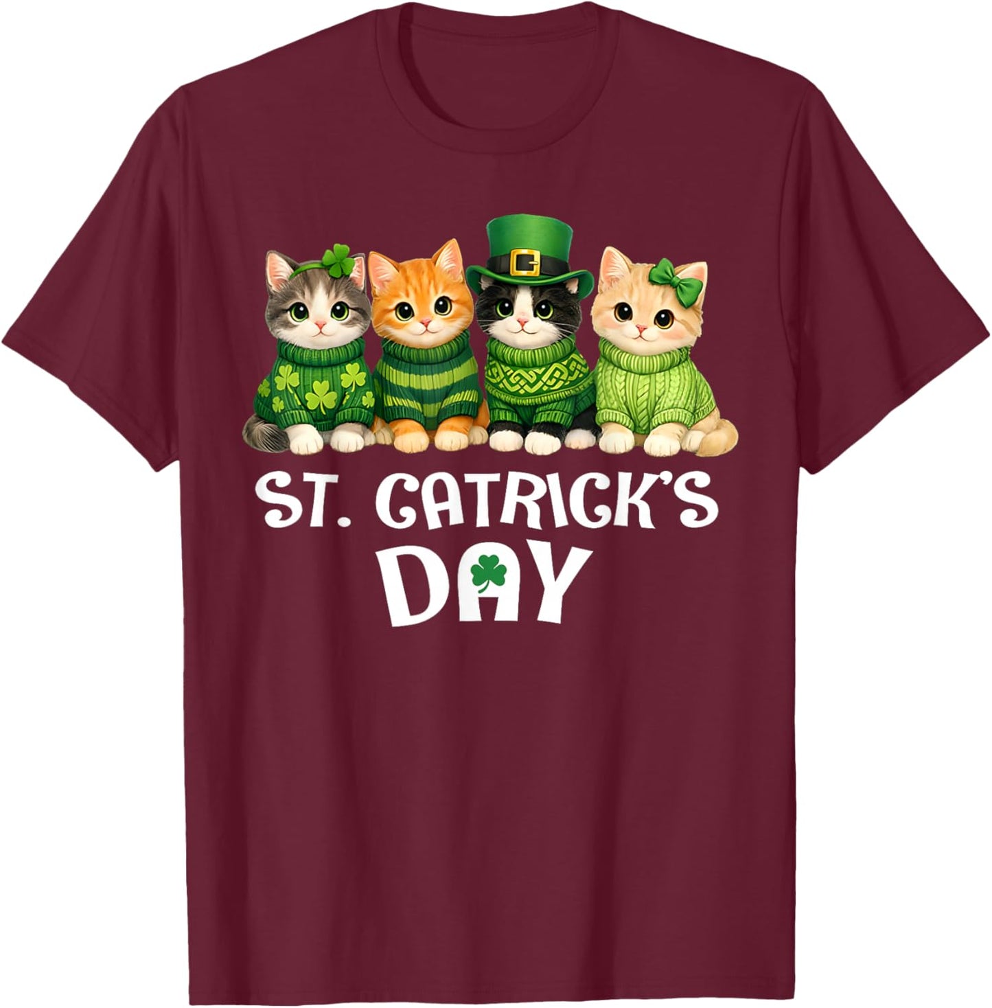 Cute Catricks St Patricks Day Cats Saint Women Girls Kids T-Shirt - T-Shirt | Maroon