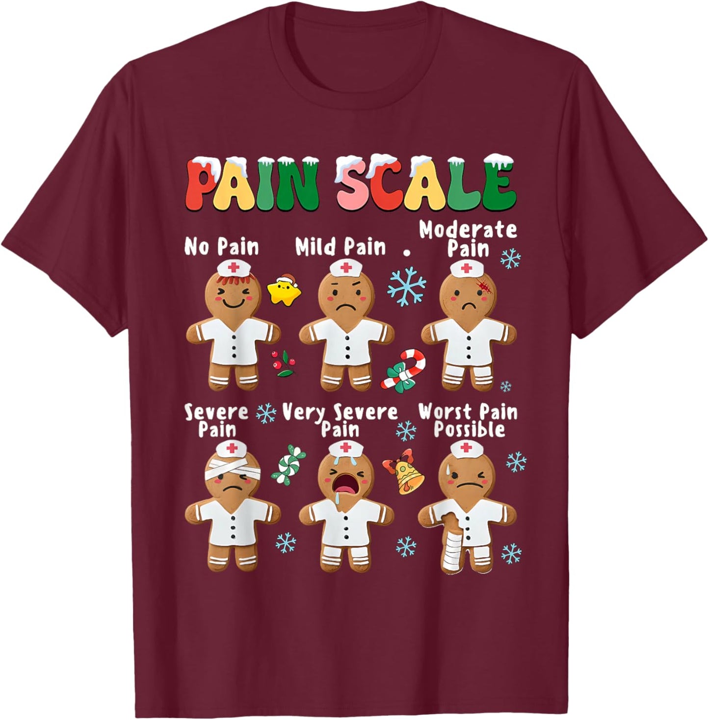 Pain Scale Funny Gingerbread Man Christmas Nurse Holiday T-Shirt - T-Shirt | Maroon