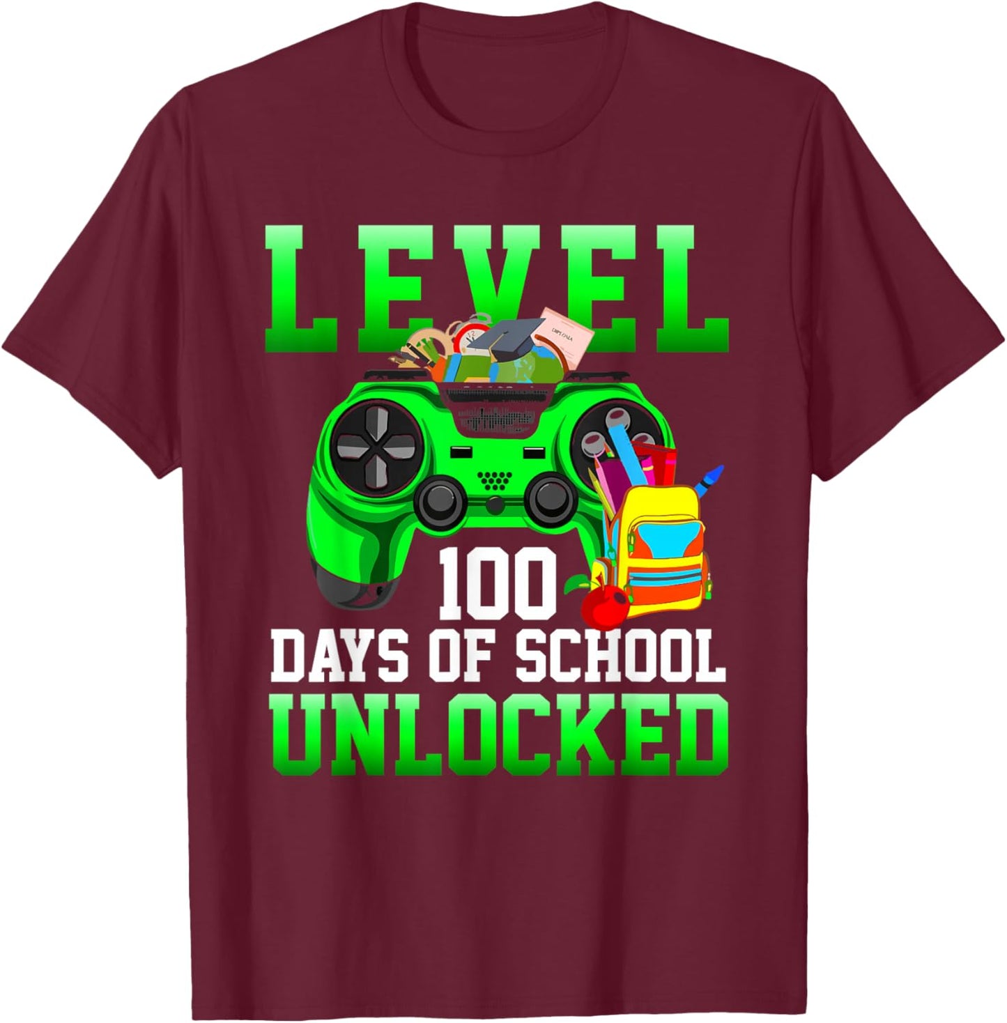 Level 100 Days of School Unlocked Boys Gamers Video Games T-Shirt - T-Shirt | Maroon