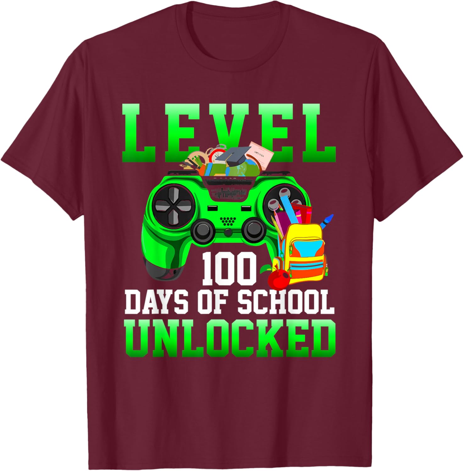Level 100 Days of School Unlocked Boys Gamers Video Games T-Shirt - T-Shirt | Maroon