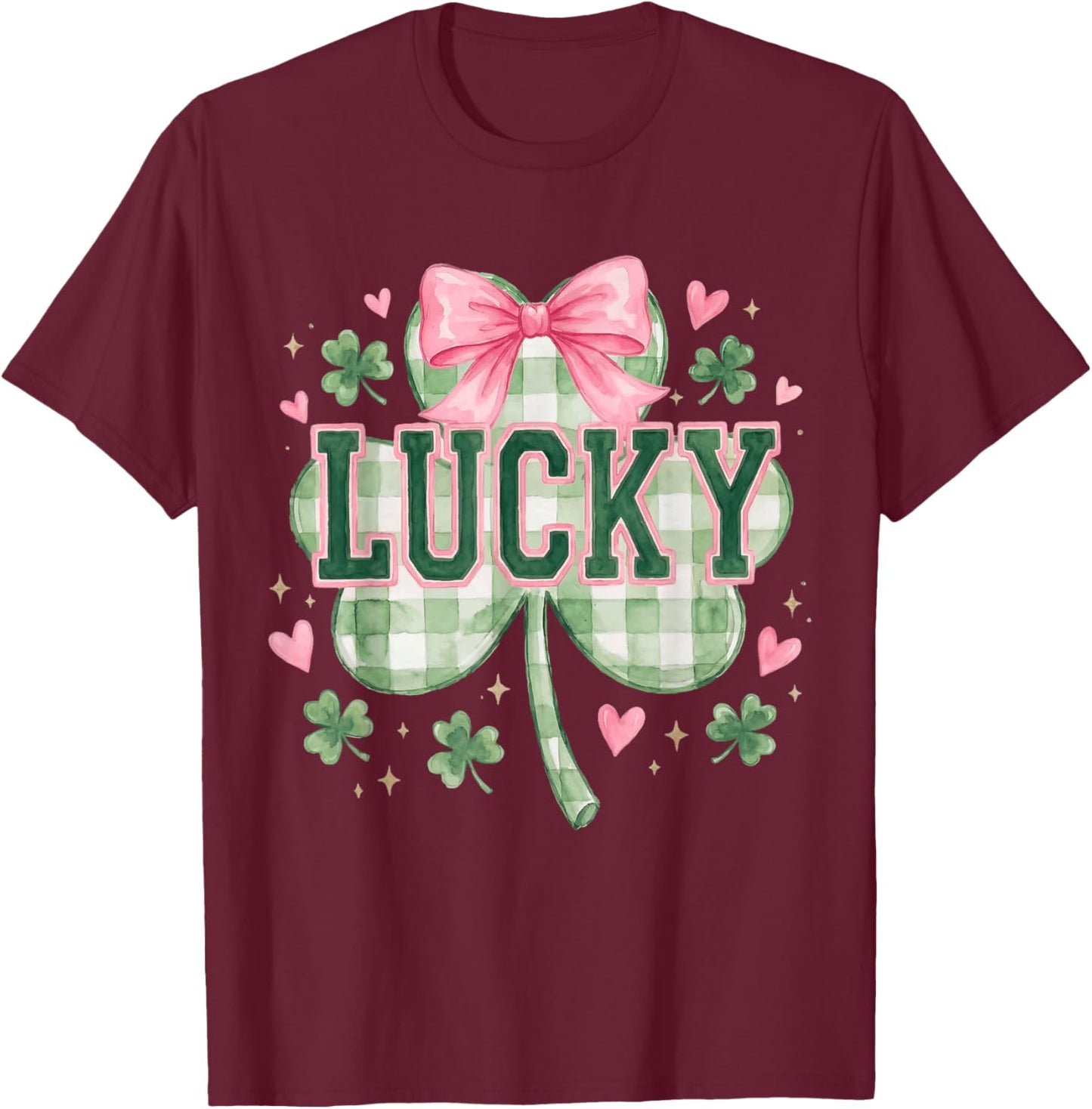 Vintage Coquette Bow Lucky Shamrock Clover St Patricks Day T-Shirt - T-Shirt | Maroon
