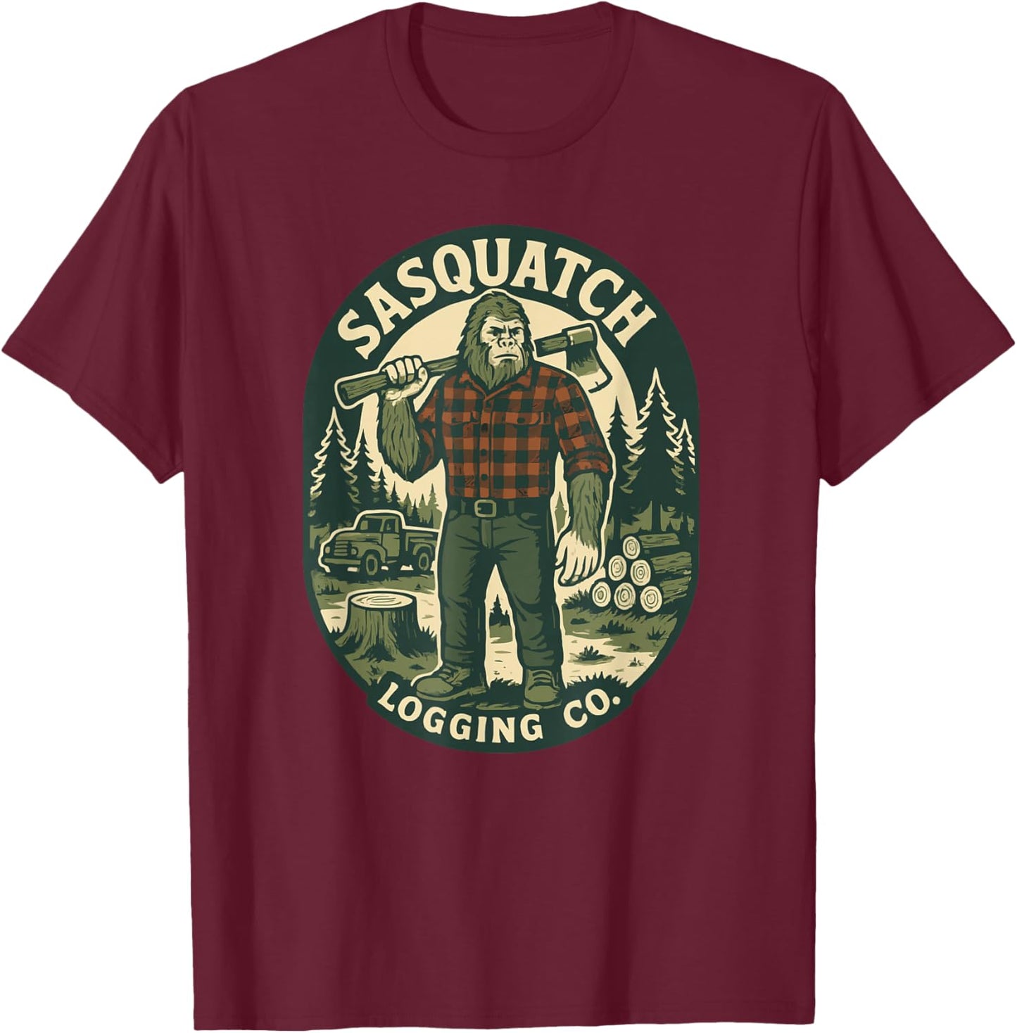 Sasquatch Logging Co. Vintage Style Bigfoot Lumberjack T-Shirt - T-Shirt | Maroon