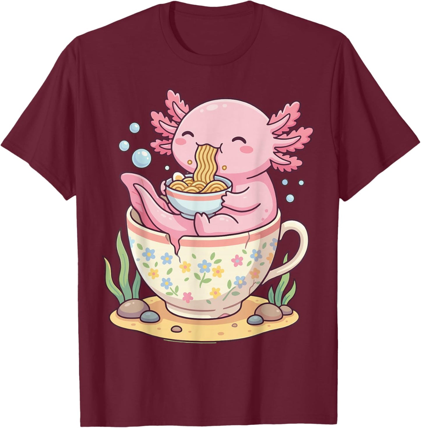 Kawaii Axolotl Teacup Ramen Anime Aesthetic T-Shirt - T-Shirt | Maroon
