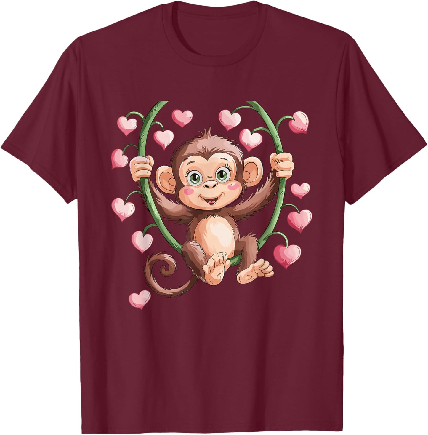 Valentines Cute Baby Monkey with Pink Hearts T-Shirt - T-Shirt | Maroon