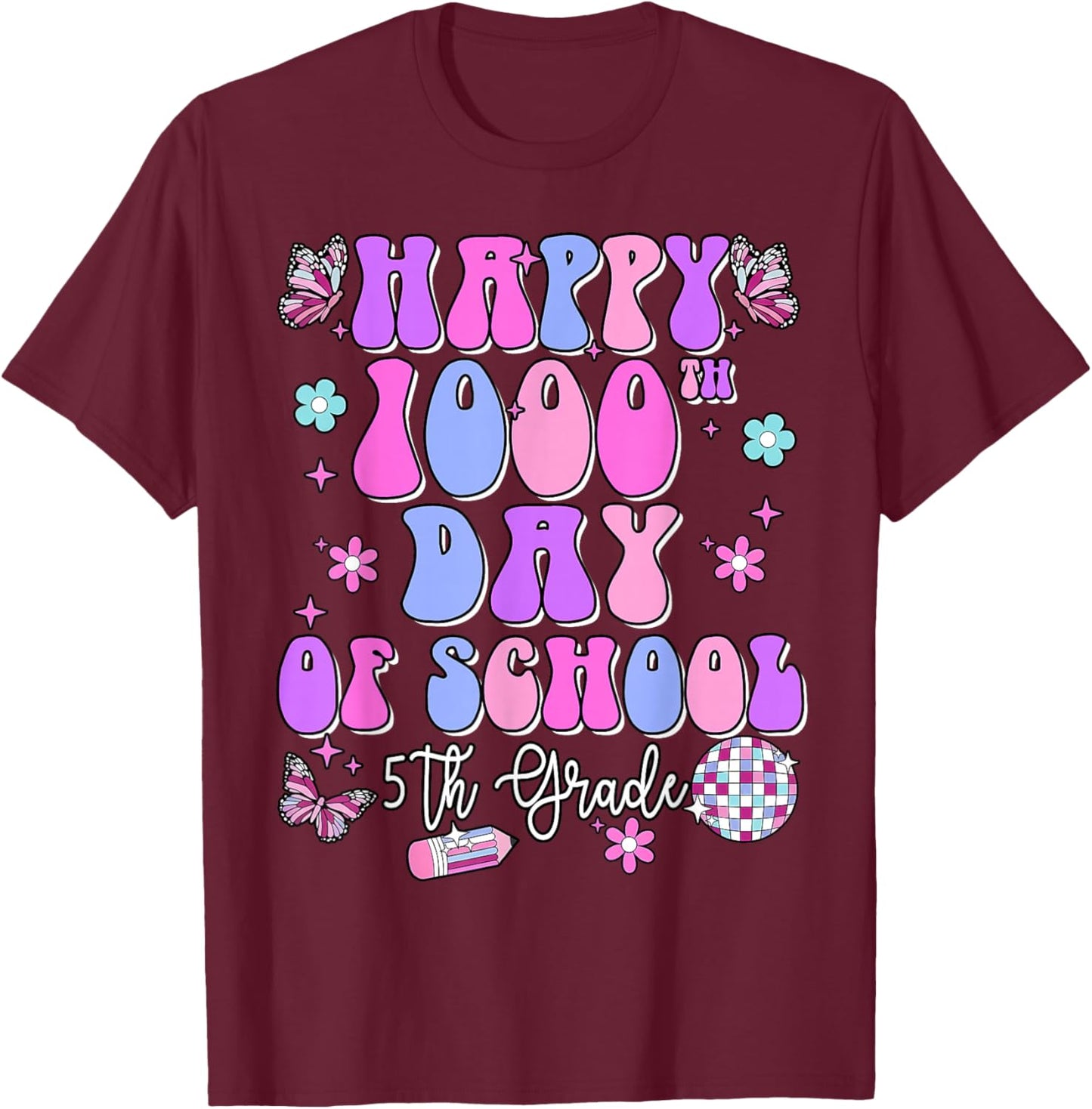 Happy 1000th Day of School Retro Disco 5th Grade Teacher Kid T-Shirt - T-Shirt | Maroon
